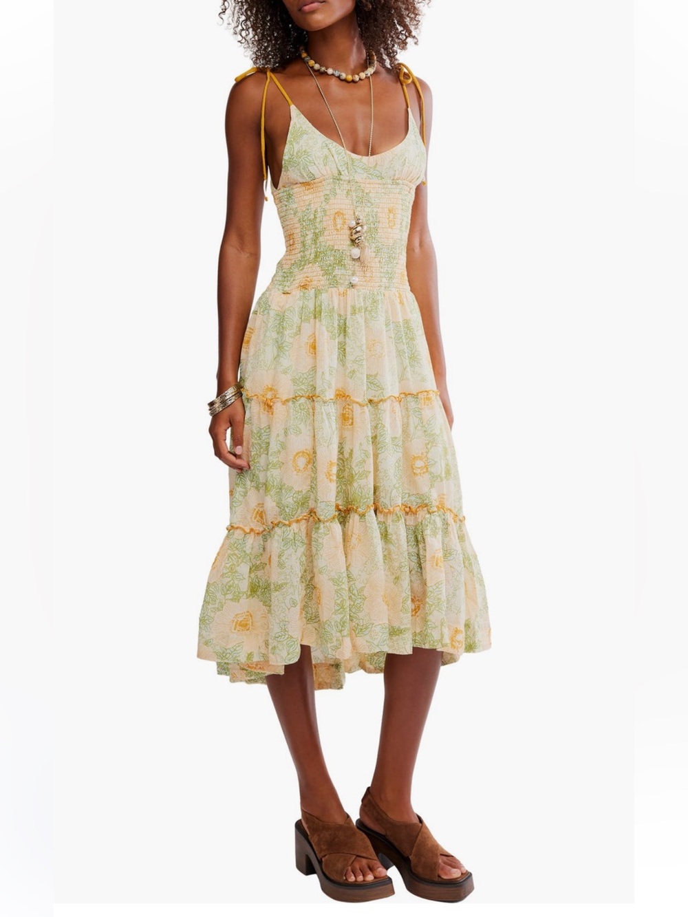 Free People Adriel Tie Strap Tiered Midi Dress Ivory Combo Small NWT